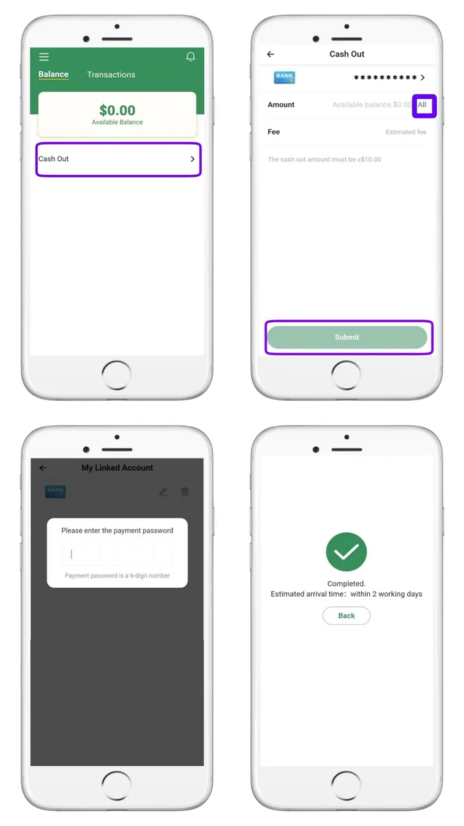 Cash Out amount, payment password and confirmation screens