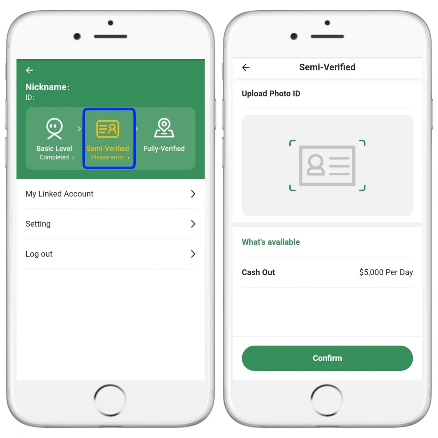 MetWallet Semi-Verified step: upload a photo ID, cash-out limit US$5,000 per day